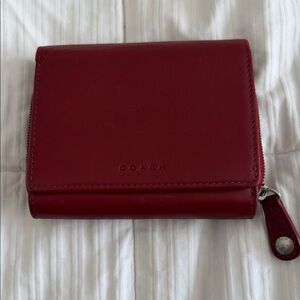 Coach Red Leather Trifold Wallet Zip Coin Pocket